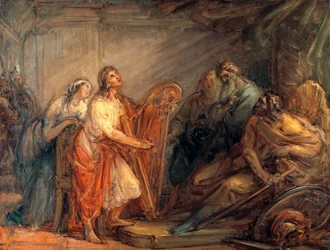 David calmando a Saúl con el sonido del arpa