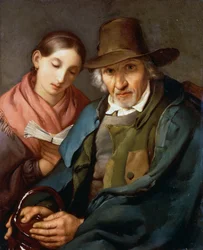 Figura de anciano sentado con un joven plebeyo leyendo un libro
