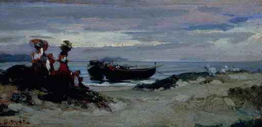 Mujeres embarcando leña en la playa de Anzio, c.1852 (óleo sobre tabla)