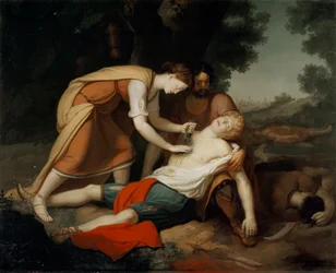 Erminia y Vafrino descubren al herido Tancredo (canto 19 de Jerusalén Liberada de Torquato Tasso)