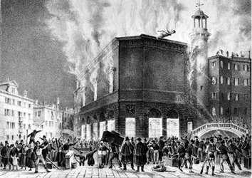 El incendio del teatro de La Fenice en Venecia, en 1836. Grabado de Giovanni Pividor. Milán, Conservatorio G. Verdi