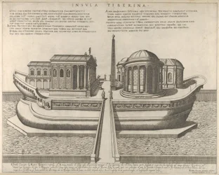 Vista de la Isla Tiberina representada como un barco, el Templo de Esculapio a la izquierda, 1582