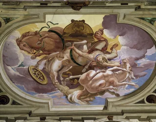 La caída de Faetón y su carro celestial causada por la ira de Zeus - Frescos en trampantojo realizados por Carlone le Genois - Antiguo castillo medieval, techo del salón de fiestas de Cagnes