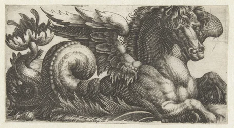 Caballito de mar alado con una hoja abierta al final de la cola de la que sobresalen dos pistilos Frisones con monstruos marinos (título de la serie)
