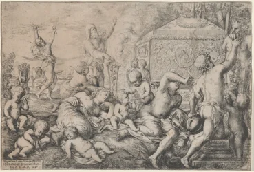 Bacanal con altar, fauno y Sileno