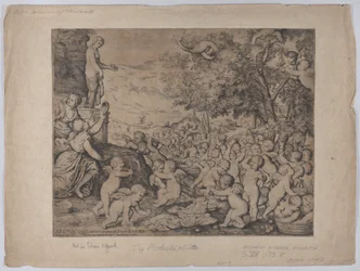 Putti ante una estatua de Venus, después de Tiziano, 1636