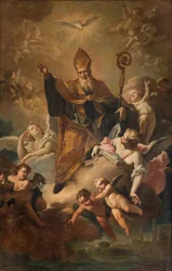 Transepto sur, Altar de San Benedicto, San Benedicto en el Gloria mientras bendice la ciudad, Retablo de Giovanni Angelo Borroni, San Benedicto en el Gloria mientras bendice la ciudad 1744