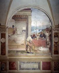Benedicto aparece a dos monjes y les presenta el proyecto de un monasterio - fresco del claustro hecho por Antonio Bazzi dit il Sodoma (1477 - 1549) relatando la vida de San Benito de Nursia (480 - 567) fundador de la Orden de los Benedictinos 1503 - 1508 