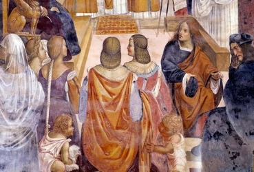 Benedicto excomulga a dos monjas y las absuelve después de su muerte (detalle). Fresco del claustro por Antonio Bazzi (il Sodoma) relatando la vida de San Benito de Nursia (fundador de la Orden Benedictina) 1503-1508 Abadía de Monte Oliveto Maggiore