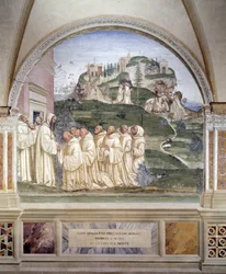 Benedicto hizo brotar una fuente en la cima de la montaña - fresco del claustro hecho por Antonio Bazzi dit il Sodoma (1477 - 1549) relatando la vida de San Benito de Nursia (480 - 567) fundador de la Orden de los Benedictinos 1503 - 1508 Abadía de Monte O