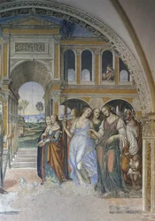 Florentius enviando a las prostitutas al monasterio, escena de la vida de San Benito