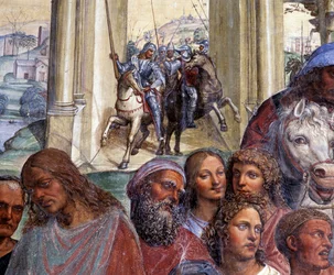 Cómo Benito conoce a los jóvenes romanos Mauro y Plácido. Detalle del séquito de jóvenes que salen de Roma - fresco del claustro de Antonio Bazzi, llamado Il Sodoma (1477-1549), que relata la vida de san Benito