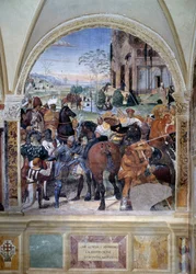 Cómo Benedicto predice la destrucción de Monte Cassino (San Benito predice la destrucción de Monte Cassino) (detalle) - fresco del claustro realizado por Antonio Bazzi dit il Sodoma (1477 - 1549) que narra la vida de San Benito de Nursia (480 - 567) fund
