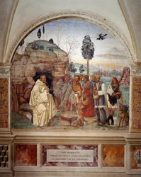 Cómo Benito enseña la doctrina sagrada a los campesinos que lo visitan - fresco del claustro hecho por Antonio Bazzi dit il Sodoma (1477 - 1549) relatando la vida de San Benito de Nursia (480 - 567) fundador de la Orden de los Benedictinos 1503 - 1508 Abad