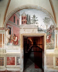 Cómo Benito convierte en serpiente un vino que un sirviente le escondió (detalle) - fresco del claustro hecho por Antonio Bazzi dit il Sodoma (1477 - 1549) relatando la vida de San Benito de Nursia (480 - 567) fundador de la Orden de los Benedictinos 1503 