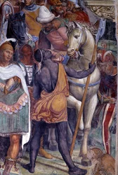 Cómo Benito conoce a los dos jóvenes romanos Mauro y Plácido. Detalle del séquito de jóvenes - fresco del claustro de Antonio Bazzi, llamado Il Sodoma (1477-1549), que narra la vida de san Benito