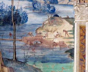 Cómo San Mauro camina sobre el agua para rescatar a Plácido - Detalle del fresco del claustro realizado por Antonio Bazzi dit il Sodoma (1477-1549) que narra la vida de San Benito de Nursia (480-567) fundador de la Orden