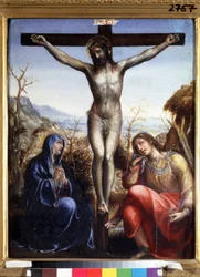 La crucifixion avec la Vierge et Jean Baptiste (La crucifixión con la Virgen y Juan el Bautista). Inscripción ""I.N.R.I."" (INRI) en la cruz. Pintura de Sodoma (o Giovanni Antonio Bazzi