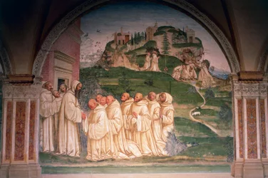 San Benito suplicado por monjes, produciendo agua desde la cima de la montaña, escena de Historias de San Benito de Monte Oliveto Maggiore