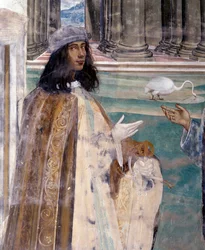 San Benito arregla un tamiz roto. Autorretrato del artista - Detalle del fresco del claustro realizado por Antonio Bazzi dit il Sodoma (1477-1549) que narra la vida de San Benito de Nursia (480-567) fundador de la Orden Benedictina 1503-1508