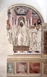 San Benito da la regla a los monjes (fresco de Antonio Bazzi)
