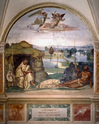 San Benito triunfa sobre la tentación arrojándose desnudo a un arbusto de espinas, mientras un ángel lucha contra el demonio (fresco)