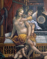 La Sala delle Nozze di Alessandro e Rossana detalle de Roxanne sentada en su cama (detalle)