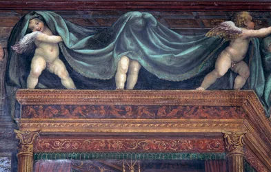 La Sala delle Nozze di Alessandro e Rossana detalle de putti jugando bajo el dosel de la cama (detalle)