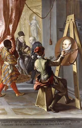 Fabio Albergati recibido por Felipe II de España, mientras un artista ejecuta su retrato secretamente por instrucciones del rey