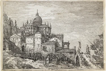 Paisaje con una Iglesia, Casas y un Molino