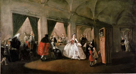 El salón visto desde el monasterio de la iglesia de San Zacarías en Venecia, las monjas hablan con los visitantes, se organiza un espectáculo de marionetas para los niños. Pintura de Gianantonio Guardi o Giovanni Antonio Guardi (1699-1760) siglo XVIII Dim.