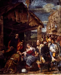 Adoración de los Reyes Magos, hacia 1530, por Pordenone (1483-1484 - 1539), fresco, Capilla de los Reyes Magos, Iglesia de Santa Maria di Campagna, Piacenza, Emilia-Romaña. Detalle. Italia