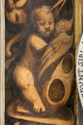 Nave central, Lesena parte superior sobre el capitel primer y segundo tramo sur, IL Pordenone, Putto, (detalle)