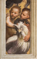 Nave central, Lesena parte superior sobre el capitel primer y segundo tramo sur, IL Pordenone, Puttini, (detalle)