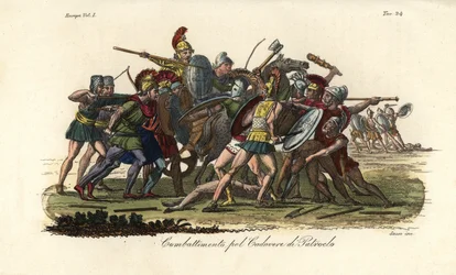 Griegos y troyanos luchan por el cadáver desnudo de Patroclo en las afueras de Troya