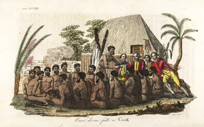 Nativos hawaianos ofrecen un cerdo en sacrificio al capitán James Cook ante 12 sacerdotes y un ídolo de madera en la casa sagrada de Orono. Grabado en cobre coloreado a mano por Sasso según John Webber de la obra de Giulio Ferrario Trajes antiguos y modern