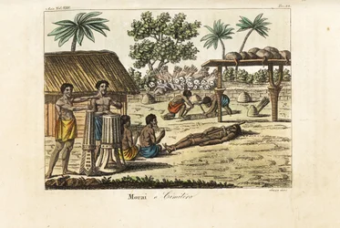 Sacrificio humano en un marae (morai) o cementerio sagrado, Tahití. Tamborileros a la izquierda, una víctima atada a un cerdo y dos sepultureros cavando una tumba ante una pila de cráneos humanos y carcajs de flechas. Grabado en cobre coloreado a mano por 