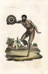 Hombre desnudo y tatuado de Hawai (Islas Sandwich) bailando para el capitán James Cook