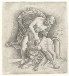 Hércules luchando contra el león de Nemea Hércules vence al león de Nemea D HERC IN VICTO (título sobre objeto)