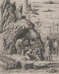 El Entierro de Cristo siendo bajado por dos hombres a una tumba de piedra, ca. 1470-1500