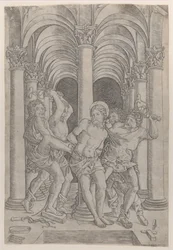 La flagelación de Cristo atado a una columna en el centro dentro de una arcada, 1509
