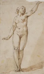 Mujer desnuda de pie levantando el brazo izquierdo