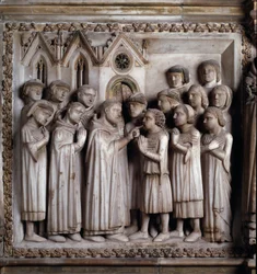 El milagro del mudo (Vida de San Pedro de Verona). detalle de un relieve de mármol