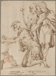 Ermitaño arrodillado y dos figuras vestidas contemplando un cráneo