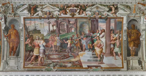 Las historias de Ulises: detalle del juego de lanzamiento de piedras en la corte de los Feacios, c.1560 (fresco) (detalle de 3606285)