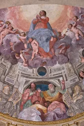 Génova, Duomo (Catedral de San Lorenzo), interior, Capilla Lercari o Capilla del Santísimo Sacramento (ábside norte), ábside: "Asunción de la Virgen", fresco de Giovanni Battista Castello conocido como Bergamasco