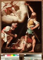 La decapitación de San Juan Bautista. Un hombre se prepara para recoger la cabeza del santo y ponerla en un plato. Pintura de Il Cerano