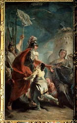 Coriolanus (Caius Marcius Coriolanus) ante las puertas de Roma (Coriolanus ante las puertas de Roma). Pintura de Giambattista Tiepolo (1696-1770). Óleo sobre lienzo, 387 x 224 cm, hacia 1730. Escuela veneciana, arte barroco italiano. Museo del Hermitage, S