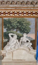 Alojamientos para huéspedes, sala de las escenas rurales: fresco monocromo que representa un sátiro y una ménade