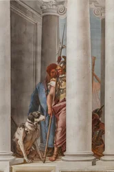 Palazzina (edificio pequeño), el vestíbulo de entrada: "La flota griega en Aulide", detalle que representa un perro y un soldado